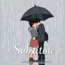 A gray and predominantly black book cover for the title 'Substitute', featuring a loving couple standing closely together in the rain