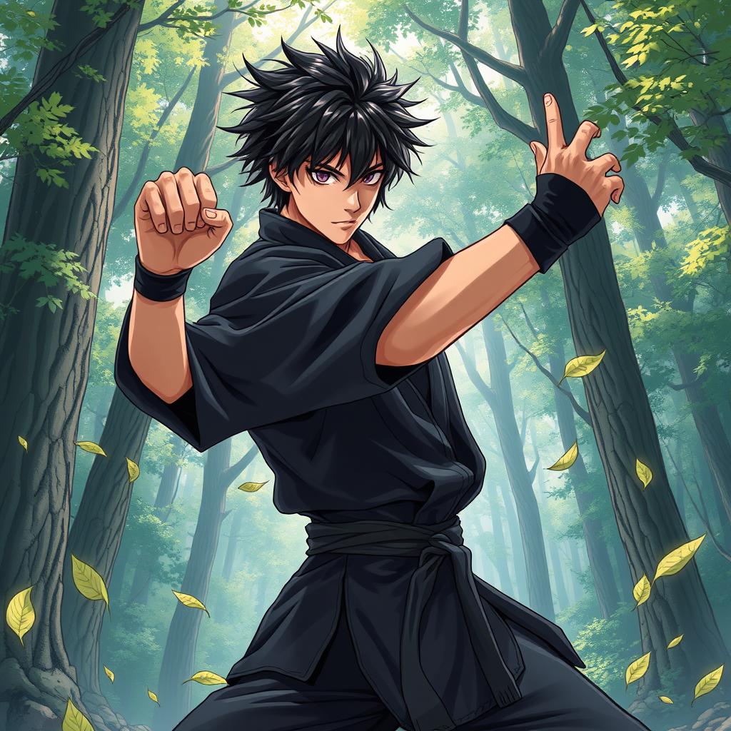 In a captivating manga art style, illustrate a male martial artist with shaggy black hair and mesmerizing amethyst eyes, dressed in a sleek black martial arts gi