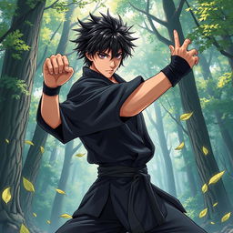 In a captivating manga art style, illustrate a male martial artist with shaggy black hair and mesmerizing amethyst eyes, dressed in a sleek black martial arts gi