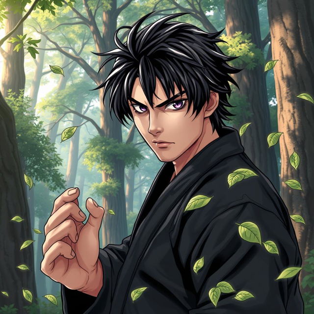 In a captivating manga art style, illustrate a male martial artist with shaggy black hair and mesmerizing amethyst eyes, dressed in a sleek black martial arts gi