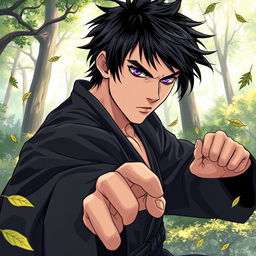 In a captivating manga art style, illustrate a male martial artist with shaggy black hair and mesmerizing amethyst eyes, dressed in a sleek black martial arts gi