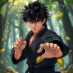 In a captivating manga art style, illustrate a male martial artist with shaggy black hair and mesmerizing amethyst eyes, dressed in a sleek black martial arts gi