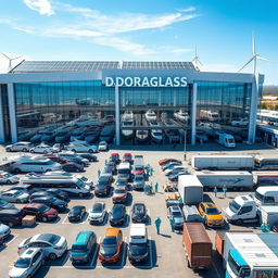 A large, modern auto glass factory named DG DORAGLASS, featuring sleek, futuristic architectural design