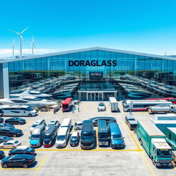 A large, modern auto glass factory named DG DORAGLASS, featuring sleek, futuristic architectural design