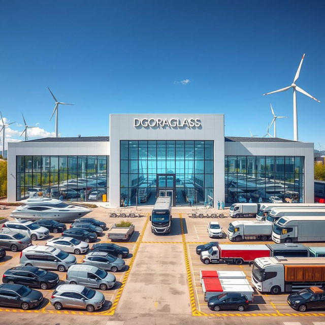 A large, modern auto glass factory named DG DORAGLASS, featuring sleek, futuristic architectural design