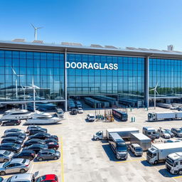 A large, modern auto glass factory named DG DORAGLASS, featuring sleek, futuristic architectural design