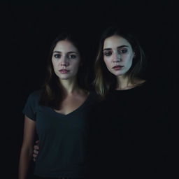 A sad couple of two women standing close together, expressing their emotions with soft and somber expressions