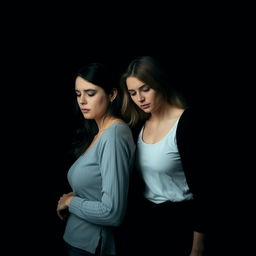 A sad couple of two women standing close together, expressing their emotions with soft and somber expressions