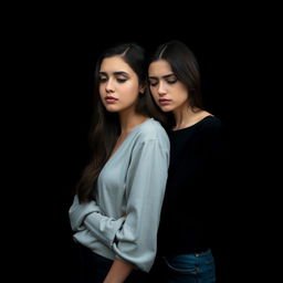 A sad couple of two women standing close together, expressing their emotions with soft and somber expressions