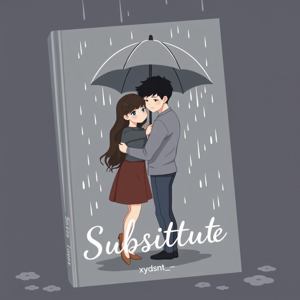 A gray and predominantly black book cover for the title 'Substitute', featuring a couple standing closely together in the rain, showcasing their love and connection