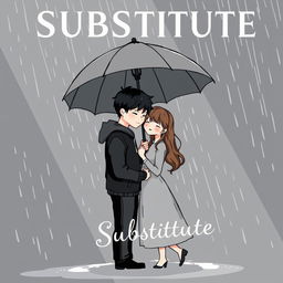 A gray and predominantly black book cover for the title 'Substitute', featuring a couple standing closely together in the rain, showcasing their love and connection