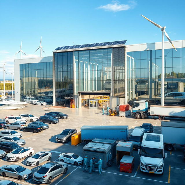 A large, modern auto glass factory with a sleek, futuristic design, featuring solar panels and wind turbines providing electrical energy for the machines