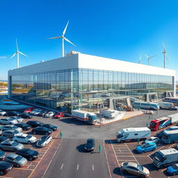 A large, modern auto glass factory with a sleek, futuristic design, featuring solar panels and wind turbines providing electrical energy for the machines