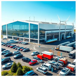 A large, modern auto glass factory with a sleek, futuristic design, featuring solar panels and wind turbines providing electrical energy for the machines