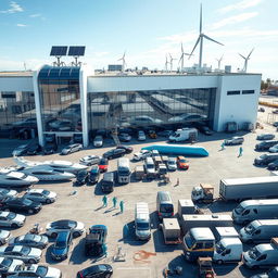 A large, modern auto glass factory with a sleek, futuristic design, featuring solar panels and wind turbines providing electrical energy for the machines