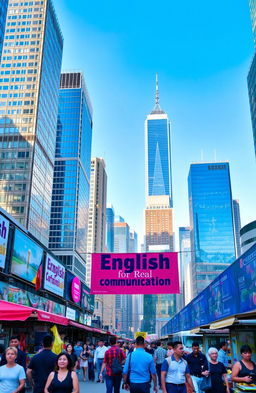 A vibrant city scene featuring a skyline filled with tall, modern skyscrapers under a bright blue sky