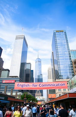 A vibrant city scene featuring a skyline filled with tall, modern skyscrapers under a bright blue sky