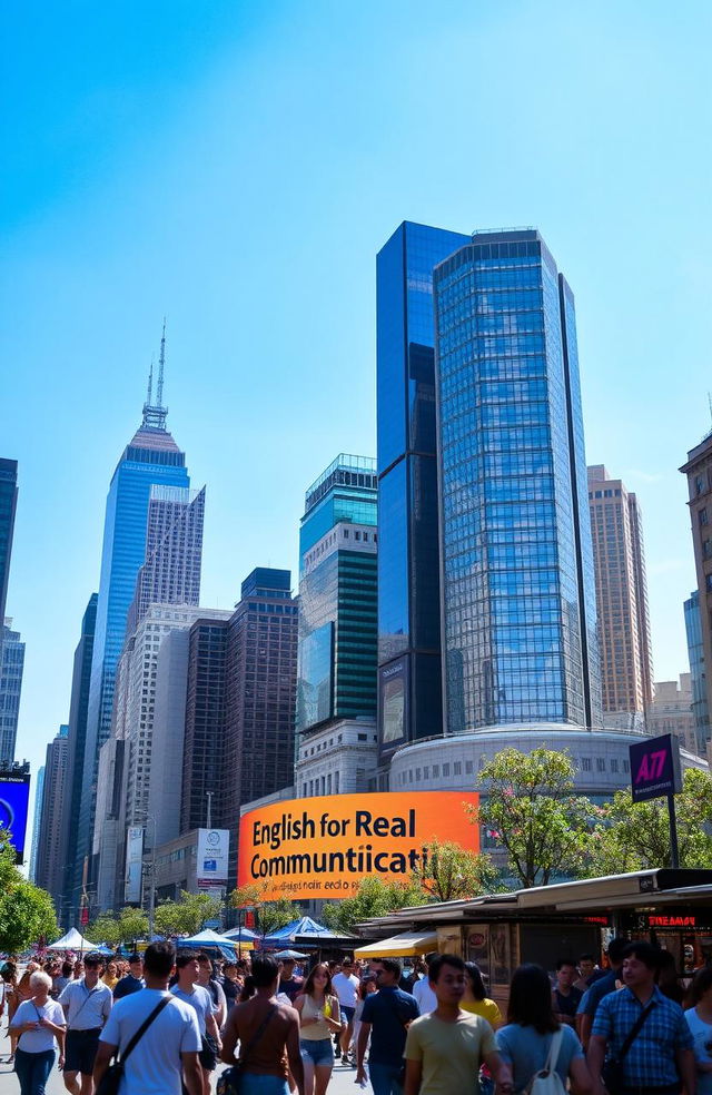 A vibrant city scene featuring a skyline filled with tall, modern skyscrapers under a bright blue sky