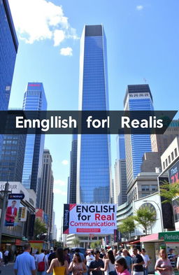 A vibrant city scene featuring a skyline filled with tall, modern skyscrapers under a bright blue sky