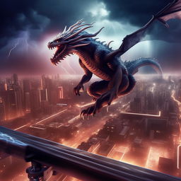 A daredevil skateboarder soaring mid-air amidst a turbulent storm, lit by intensive lightning, performing an awe-inspiring trick above a futuristic glowing city, with dragons soaring in the backdrop.