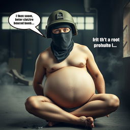 A humorous scene featuring a man wearing a Spetsnaz k6-3 helmet that completely covers his face, with visible eyes, while he sports a balaclava