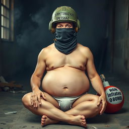 A humorous scene featuring a man wearing a Spetsnaz k6-3 helmet that completely covers his face, with visible eyes, while he sports a balaclava