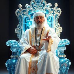 A majestic scene featuring a king seated on a brilliantly bright throne made of ornate crystal with a clear blue-ish tint