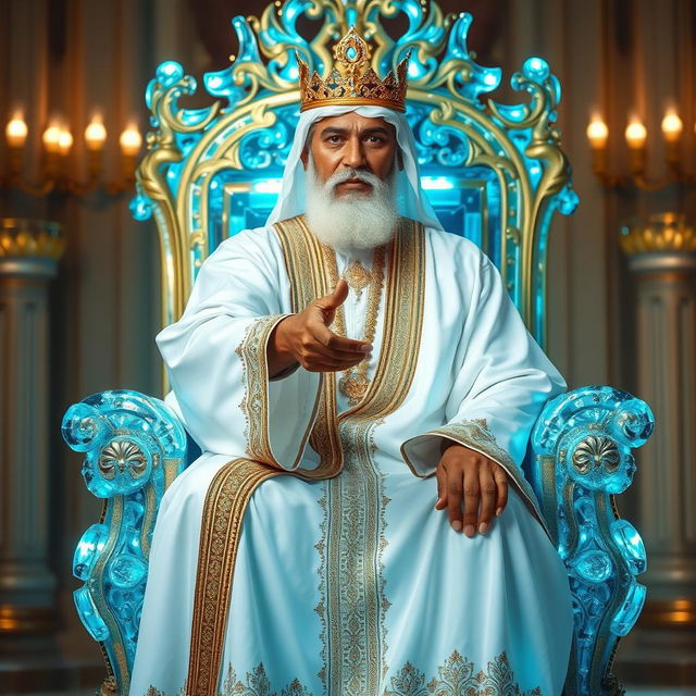 A majestic scene featuring a king seated on a brilliantly bright throne made of ornate crystal with a clear blue-ish tint