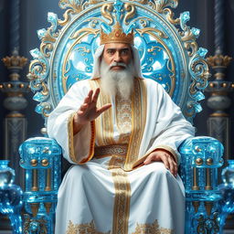 A majestic scene featuring a king seated on a brilliantly bright throne made of ornate crystal with a clear blue-ish tint