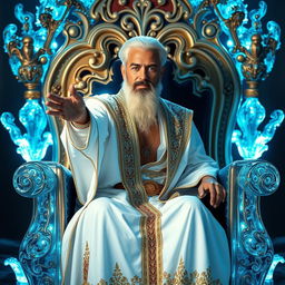 A majestic scene featuring a king seated on a brilliantly bright throne made of ornate crystal with a clear blue-ish tint