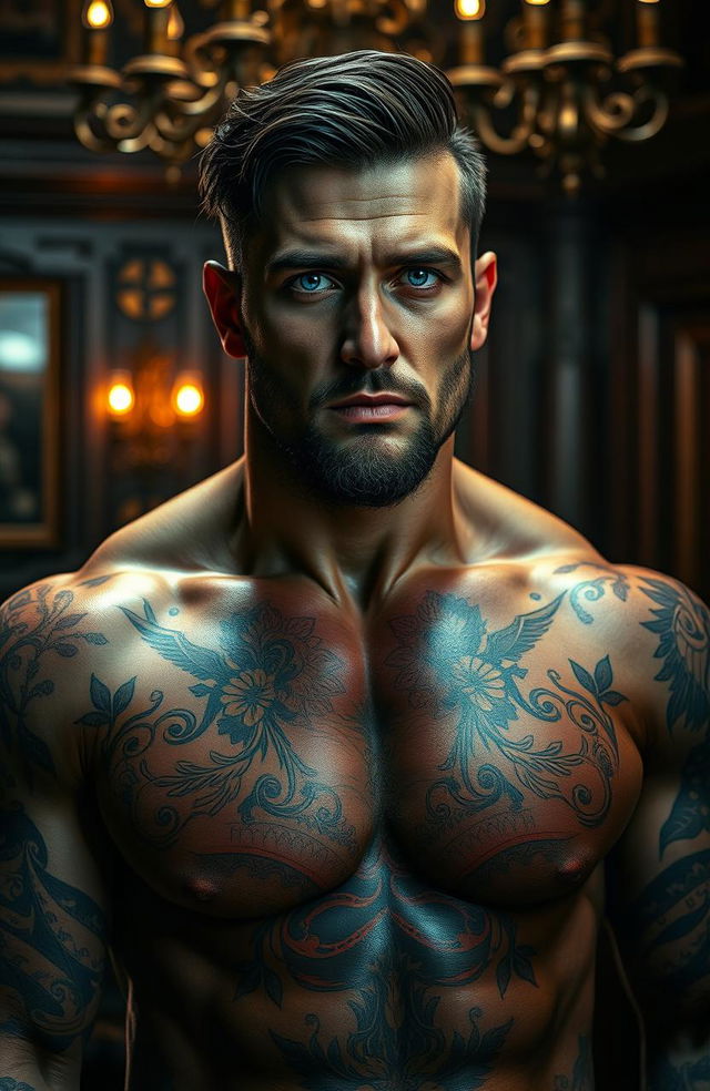 An erotic depiction of a muscular mafia man showcasing his elaborate tattoos