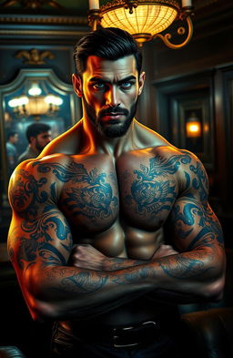 An erotic depiction of a muscular mafia man showcasing his elaborate tattoos