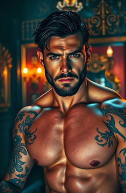 An erotic depiction of a muscular mafia man showcasing his elaborate tattoos