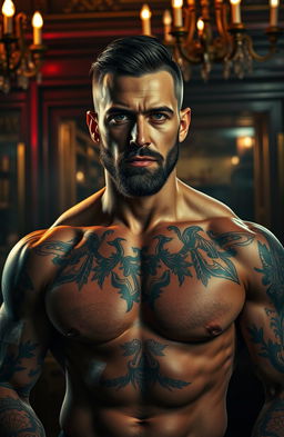 An erotic depiction of a muscular mafia man showcasing his elaborate tattoos
