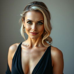 A beautiful 40-year-old woman dressed in a sexy yet modest outfit, radiating sensuality and confidence while keeping everything tasteful and covered