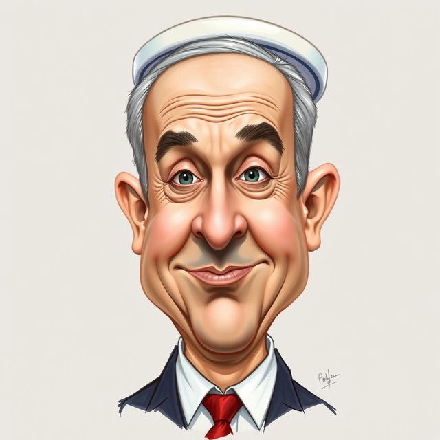 A humorous caricature of Benjamin Netanyahu, featuring a head creatively designed in the shape of a toilet, highlighting exaggerated facial features and expressions