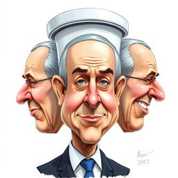 A humorous caricature of Benjamin Netanyahu, featuring a head creatively designed in the shape of a toilet, highlighting exaggerated facial features and expressions