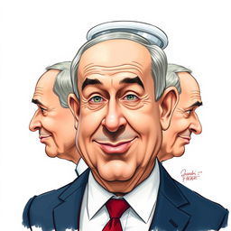 A humorous caricature of Benjamin Netanyahu, featuring a head creatively designed in the shape of a toilet, highlighting exaggerated facial features and expressions