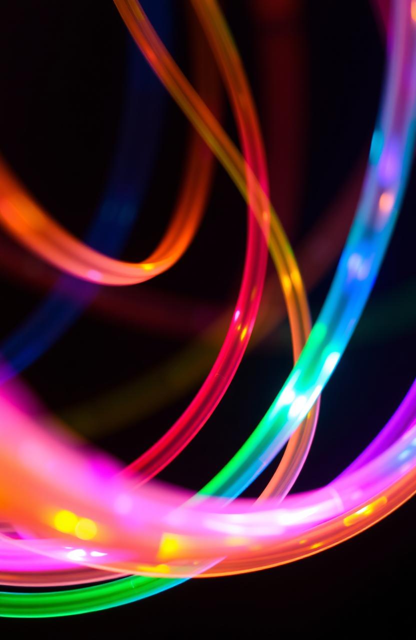 A close-up view of vibrant fiber optic cables, glowing with a spectrum of colors, swirling together in dynamic patterns