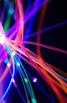 A close-up view of vibrant fiber optic cables, glowing with a spectrum of colors, swirling together in dynamic patterns