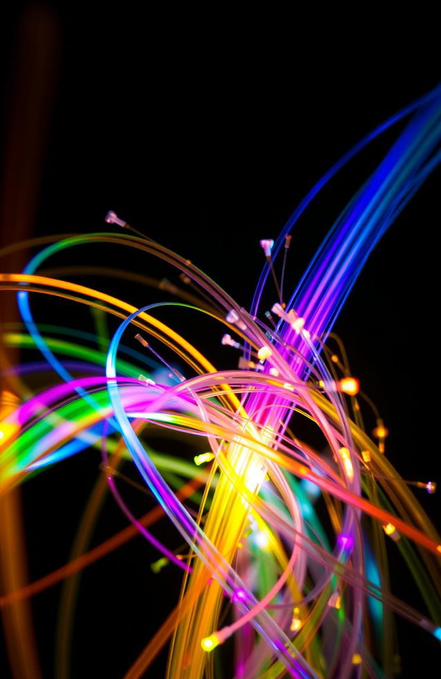 A close-up view of vibrant fiber optic cables, glowing with a spectrum of colors, swirling together in dynamic patterns