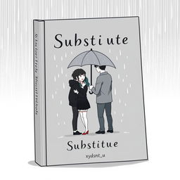 A gray and predominantly black book cover for the title 'Substitute', showcasing a scene with three characters: a loving couple standing closely together under an umbrella, while behind them, a male friend holds the umbrella to protect them from the rain