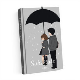 A gray and predominantly black book cover for the title 'Substitute', showcasing a scene with three characters: a loving couple standing closely together under an umbrella, while behind them, a male friend holds the umbrella to protect them from the rain