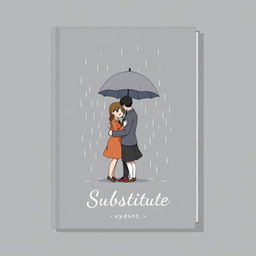 A gray and predominantly black book cover for the title 'Substitute', showcasing a scene with three characters: a loving couple standing closely together under an umbrella, while behind them, a male friend holds the umbrella to protect them from the rain