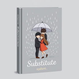 A gray and predominantly black book cover for the title 'Substitute', showcasing a scene with three characters: a loving couple standing closely together under an umbrella, while behind them, a male friend holds the umbrella to protect them from the rain