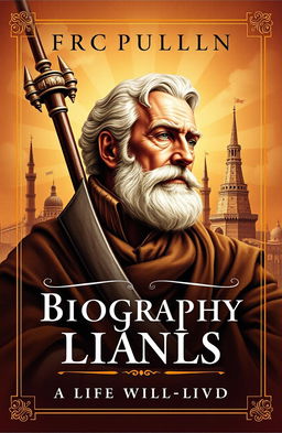 A detailed and visually engaging biography book cover design, featuring a dynamic portrait of a significant historical figure