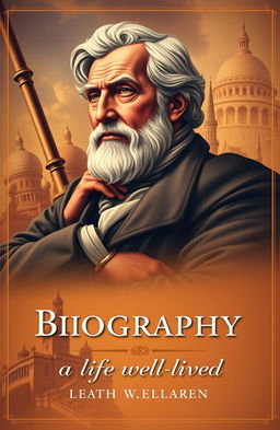 A detailed and visually engaging biography book cover design, featuring a dynamic portrait of a significant historical figure