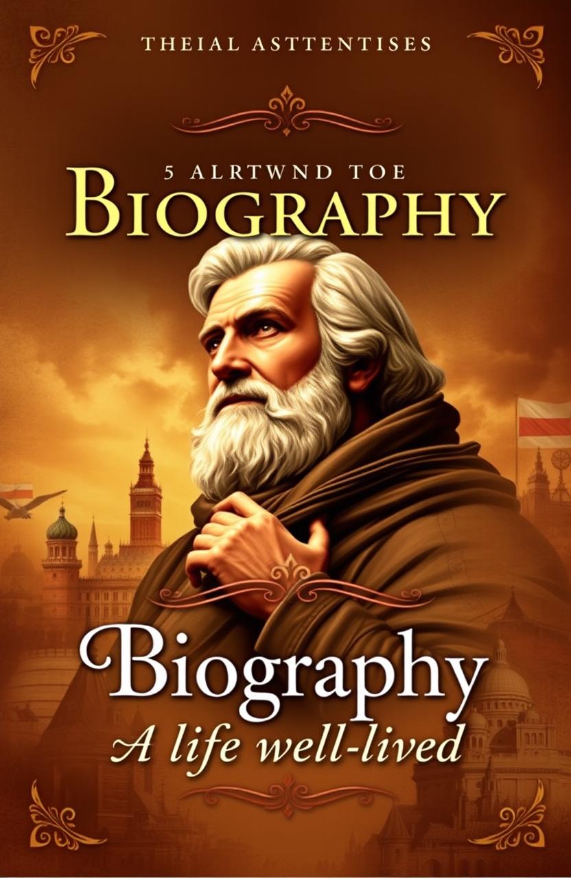 A detailed and visually engaging biography book cover design, featuring a dynamic portrait of a significant historical figure