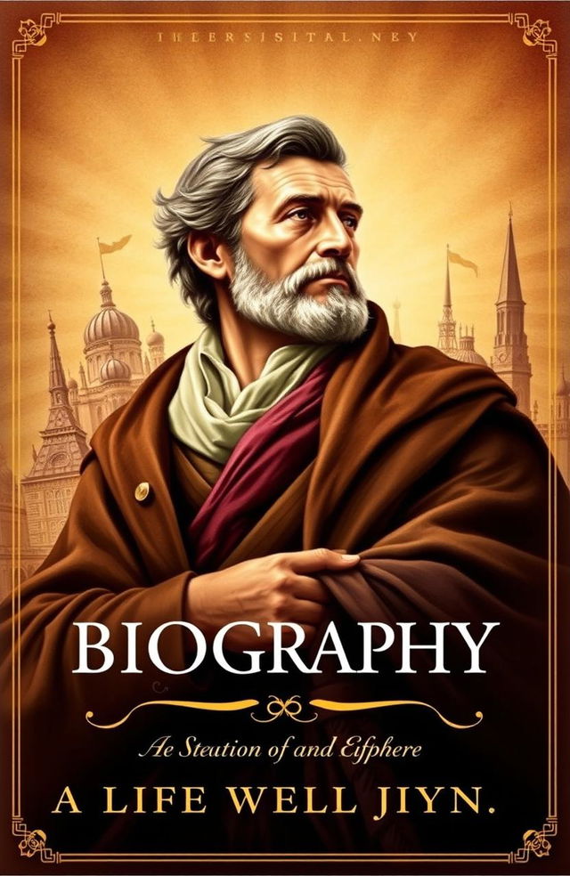 A detailed and visually engaging biography book cover design, featuring a dynamic portrait of a significant historical figure