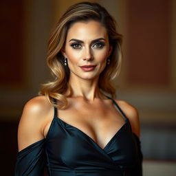 A beautiful 40-year-old woman dressed in a sexy yet elegant outfit that does not reveal any cleavage
